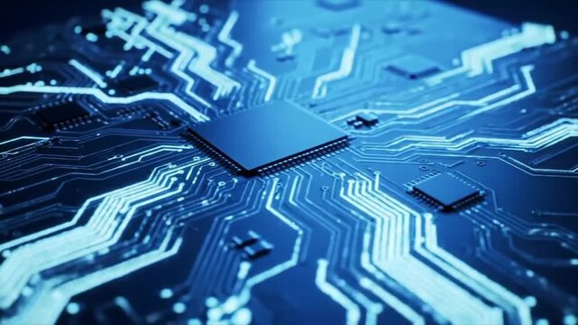 A detailed image of a computer circuit board, with central processor in focus