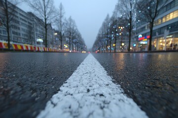 Freshly painted white line on wet road in city at night