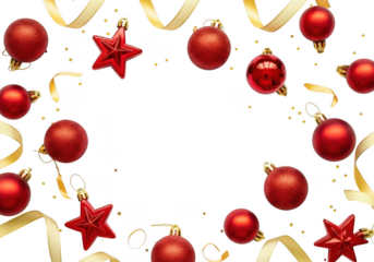 Frame of shiny red christmas baubles and star ornaments with gold ribbon confetti isolated on transparent background for holiday design