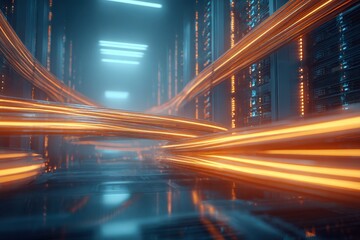 Glowing Network Cables Interconnecting in a Dark Data Center