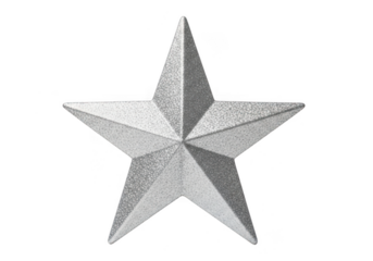 Glittery silver fivepointed star decoration object isolated on transparent background for holiday or celebration theme