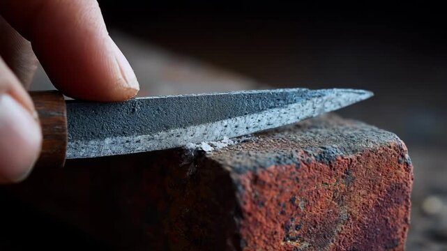 Medium shot showing the process of blade edge inspection following sharpening highlighting sharpness and finish quality in a workshop environment.