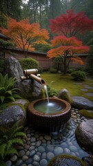 a serene Japanese garden featuring a bamboo water fountain flowing into a stone basin