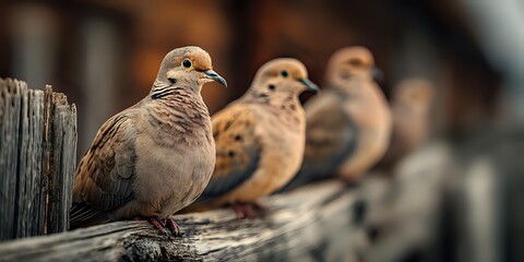 Obraz premium Three mourning doves perched on weathered wooden fence in soft natural light with blurred background creating peaceful wildlife scene for nature photography.