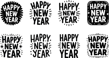 Hand-Drawn Happy New Year Typography Collection with Vintage Starburst Designs