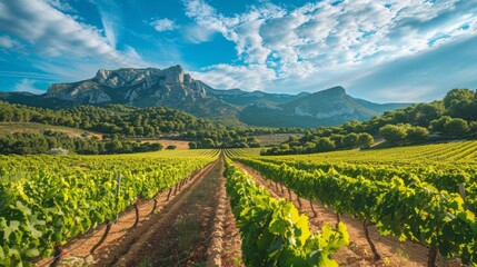 Sunny vineyards stretching towards majestic mountains under azure skies create a picturesque backdrop for advertising ecotourism or gastronomic tours of wine-producing regions.