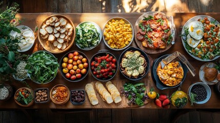 A variety of dishes and fresh produce, neatly arranged on a wooden table, create an appetising backdrop for food blogs or healthy eating advertising campaigns.