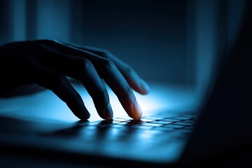 Silhouette of hand using laptop typing on keyboard