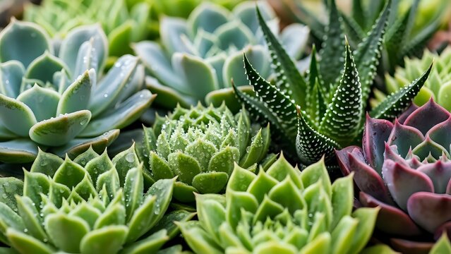 Colorful succulent plants collection featuring various species with green, purple and spotted leaves arranged together for gardening and home decor projects.