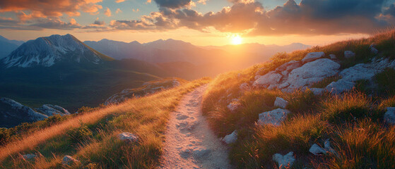 The setting sun illuminates a mountain trail among rocks and grass, creating an atmospheric backdrop for motivational posts about travel and nature.