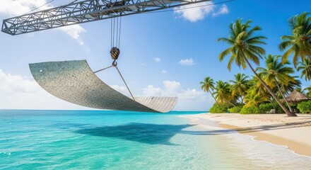 Metal Sheet Suspended Above Tropical Beach with Blue Ocean Sunny Sky