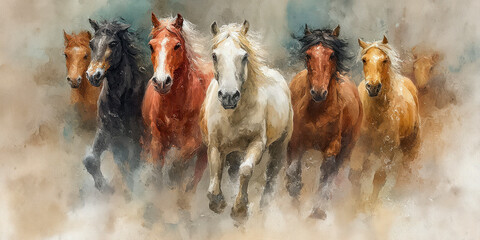 Horse stampede,watercolor painting