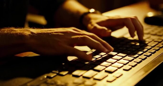 Hands typing on keyboard close up low light computer technology