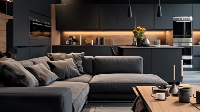 Modern living room interior in dark gray and brown style, design of luxury contemporary home