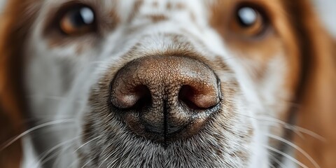 Close-up macro shot of dog nose with detailed texture and whiskers. Pet care, veterinary health, animal anatomy concept for educational materials.