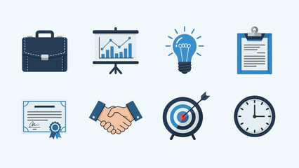 This flat design vector illustration presents a modern set of icons for professional development and adult learning, ideal for corporate training, workshops, and career advancement platforms. 