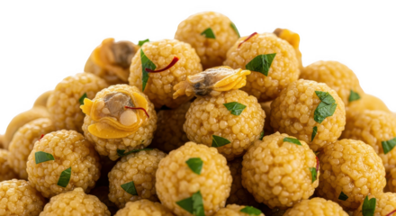 Pile of Boondi Laddu Indian Sweets with Saffron and Herbs mithai dessert