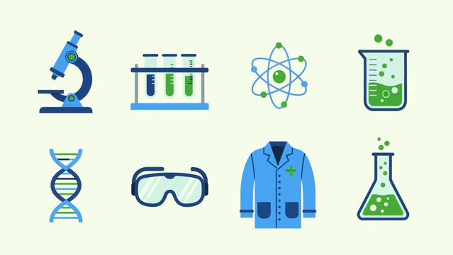 This flat design vector illustration presents a modern set of icons for science labs and research, perfect for scientific institutions, educational platforms, and biotechnology. 