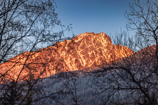 A mountain peak bathed in the warm glow of sunlight peeks through bare tree branches against a clear blue sky, evoking a sense of serenity. High Tatras National Park, Slovakia, Europe. - Powered by Adobe