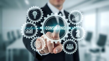 Professional businessman touching consulting button with interconnected business icons and gears in modern office environment for corporate strategy solutions.