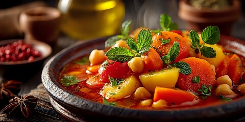 Colorful Moroccan tagine with mixed vegetables, chickpeas and fresh mint herbs in traditional clay pot. Authentic North African cuisine for restaurant menus.