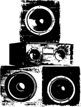 Black and white stencil of stacked vintage speakers for retro music design