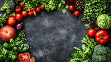 The variety of fresh vegetables and greens on a dark surface emphasises naturalness — an excellent background for culinary blogs or healthy eating advertisements.