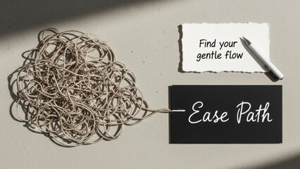 Tangled Mess Unraveling to Ease and Gentle Flow Represented by Text Cards