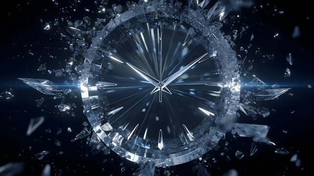 Shattered glass clock exploding at deadline moment with flying fragments &ndash; broken time, extreme business stress, failure, urgency, burnout and crisis concept