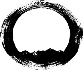 Black and white circular stencil art with swirling lines and mountain silhouette for design