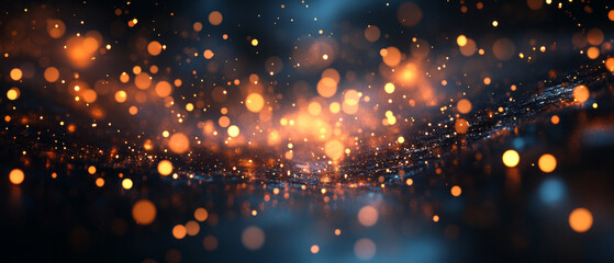 Sparkling particles and blurred lights create the illusion of a cosmic galaxy, suitable for a creative backdrop in the design of futuristic or festive events.