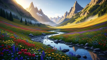 Majestic Mountain Valley with Winding River Colorful Wildflower Meadows and Golden Sunlight.