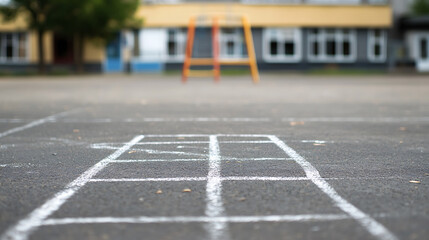 A hopscotch grid drawn on an asphalt schoolyard, evoking childhood nostalgia and playful memories. The playground equipment and building fade in the background.