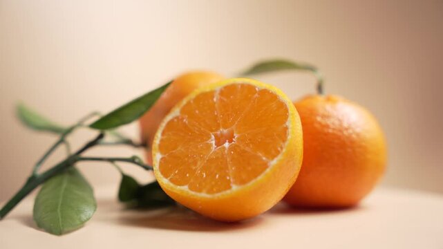 Mandarin half rotates with a citrus branch and leaves in the foreground. Soft bokeh background keeps attention on fresh segments and peel.