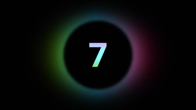 Colorful glowing countdown numbers from 10 to 1 inside a dark circle with smooth neon halo animation.