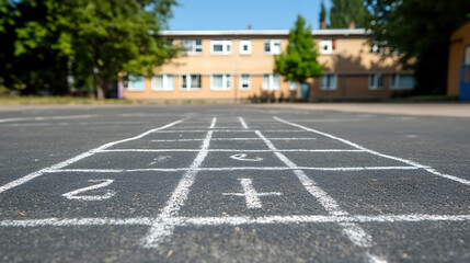 A hopscotch court painted on black asphalt with a school building in the background. It's a sunny day for classic playground fun! Childhood memories in the making! Games of yore.