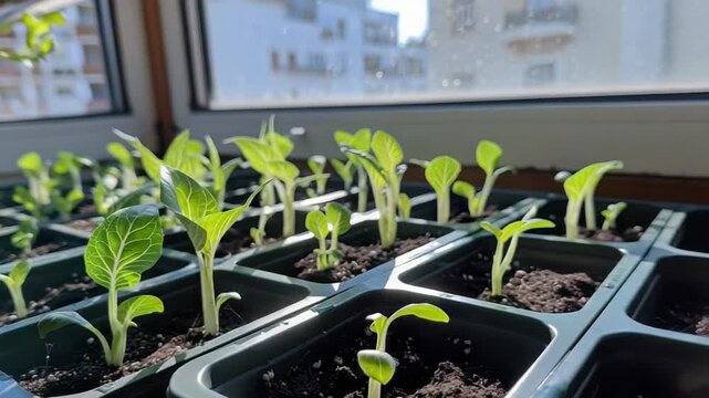 Timelapse of sunlit seedlings growing in urban indoor garden with changing light