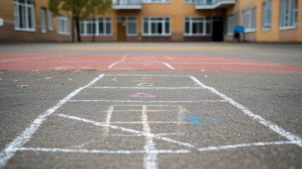 Outdoor hopscotch game on schoolyard pavement. Chalk outlines squares, numbered spaces inviting playful activity. Background shows school building, emphasizing a learning and fun environment.