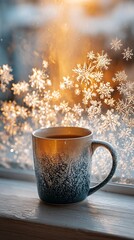 Snowflakes forming on window glass Warm mug against a snowy window, evoking cozy winter vibes and comfort.