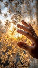 Snowflakes forming on window glass A hand reaching out to a frosty window, showcasing intricate ice patterns against a warm background.