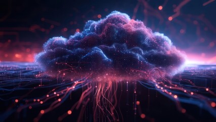 Digital cloud formation emitting data streams across a network, in futuristic style