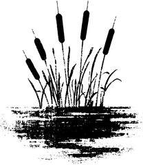 Black and white stencil illustration of tall marsh reeds