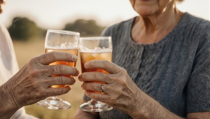 Elderly couple toasting with drinks outdoors in celebration.