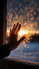 Snowflakes forming on window glass A hand touches a frosty window, capturing a sunset view with snowflakes surrounding it.