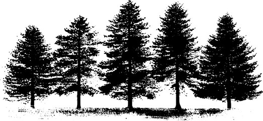 Black and white stencil art of tall pine tree silhouettes for nature-themed designs and decor