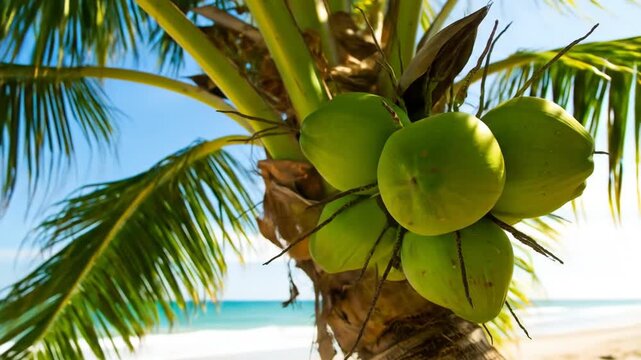 A cluster of green coconuts on a palm tree with ocean in background