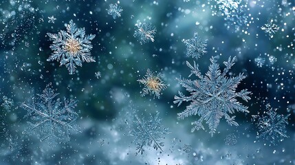 Snowflakes forming on window glass Delicate snowflakes gently falling against a dreamy blue background, evoking a serene winter atmosphere.