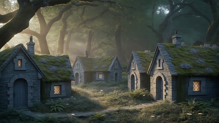Architectural landscape photo featuring mystical stone roofed cottages in a forest setting