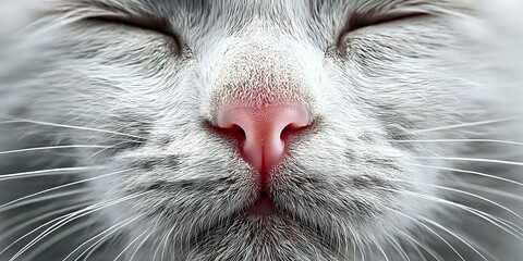 Extreme close-up of sleeping cat face with pink nose and white whiskers showing peaceful feline expression for pet care and animal wellness concepts.