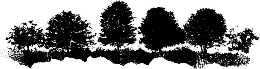 Black and white stencil illustration of thick hedge row landscape for urban art design
